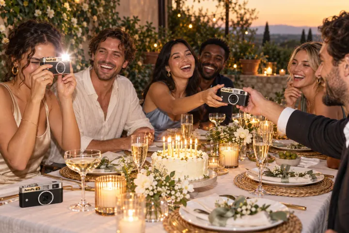 Ospiti che fotografano una festa di compleanno con le camere RetroPic