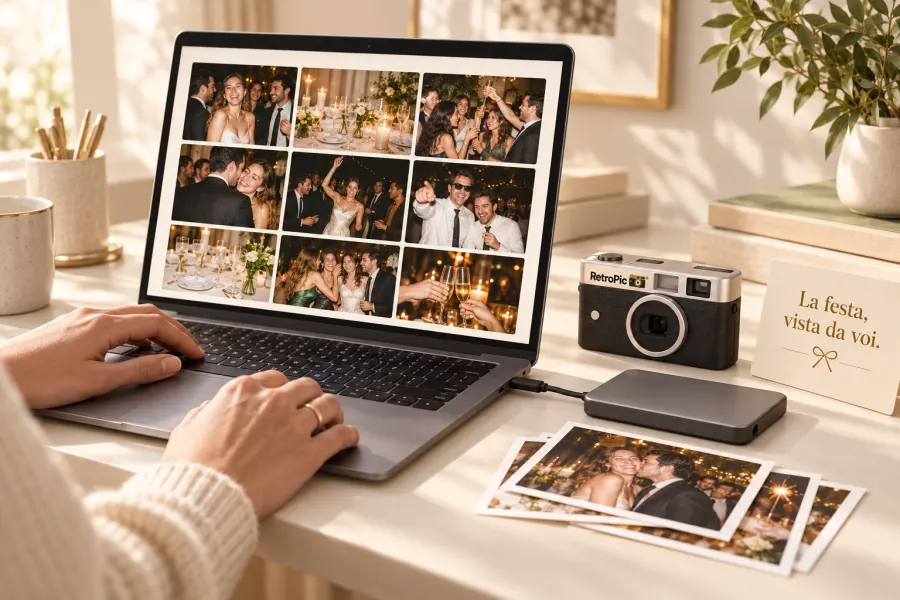 Esempio illustrativo di gallery privata RetroPic su un computer, con fotocamera e stampe sul tavolo