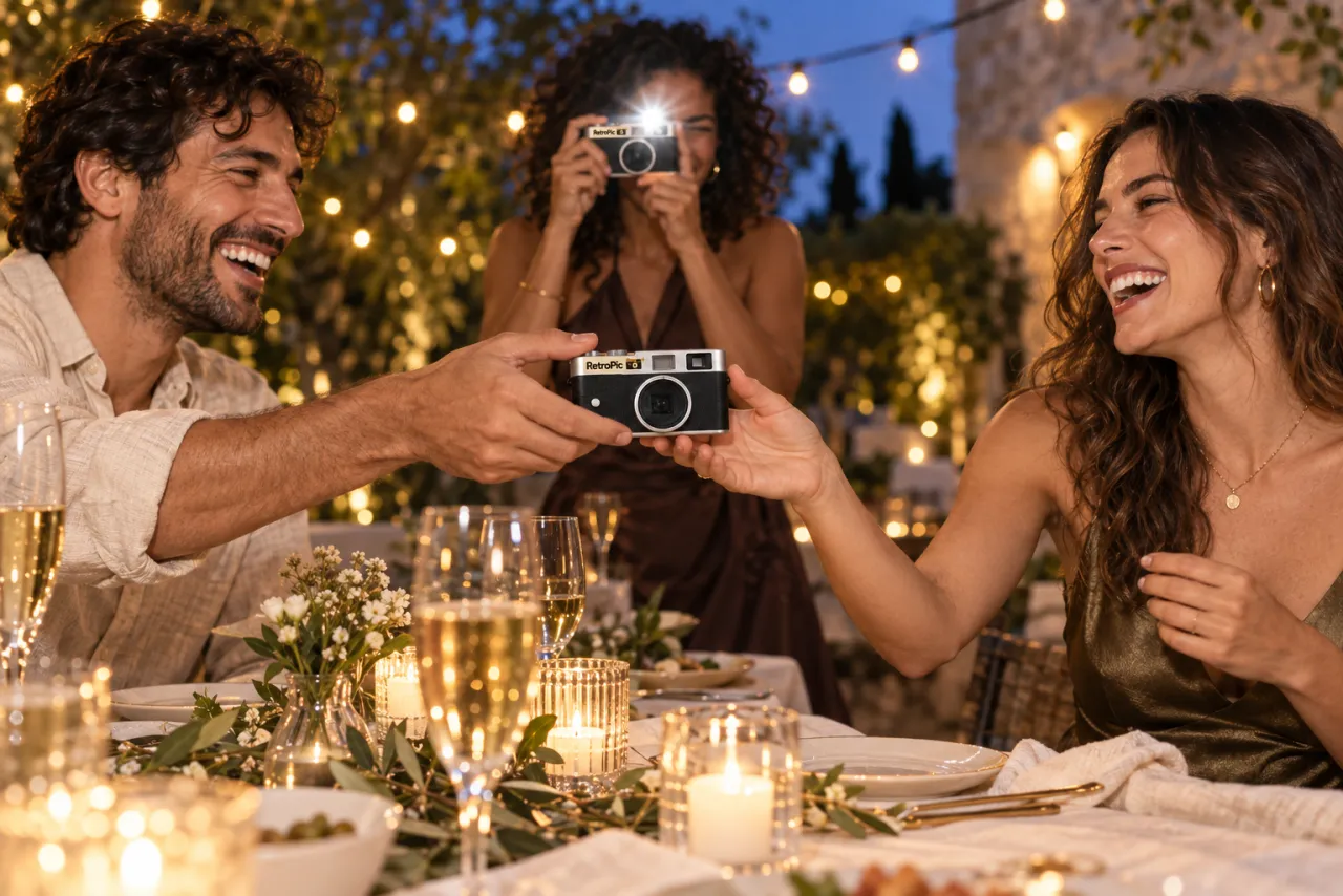 Due ospiti si passano una fotocamera RetroPic durante una festa
